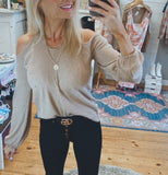 Lo criss cross open shoulder knit sweater (mocha taupe)