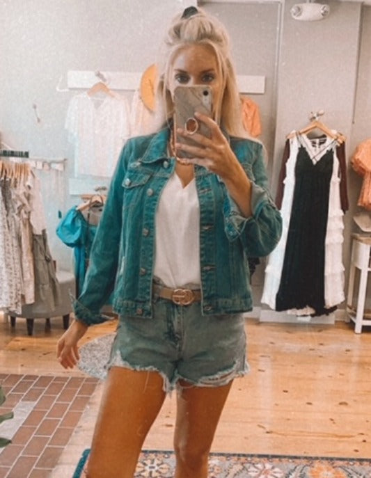 Fall Feels distressed denim jacket (medium wash)