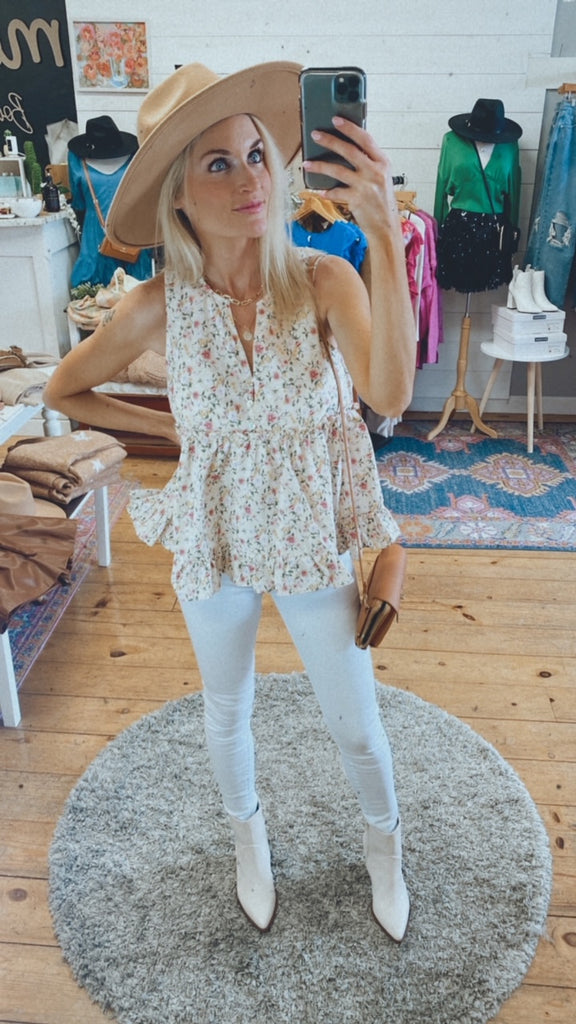 Grace sleeveless woven floral babydoll top (cream)