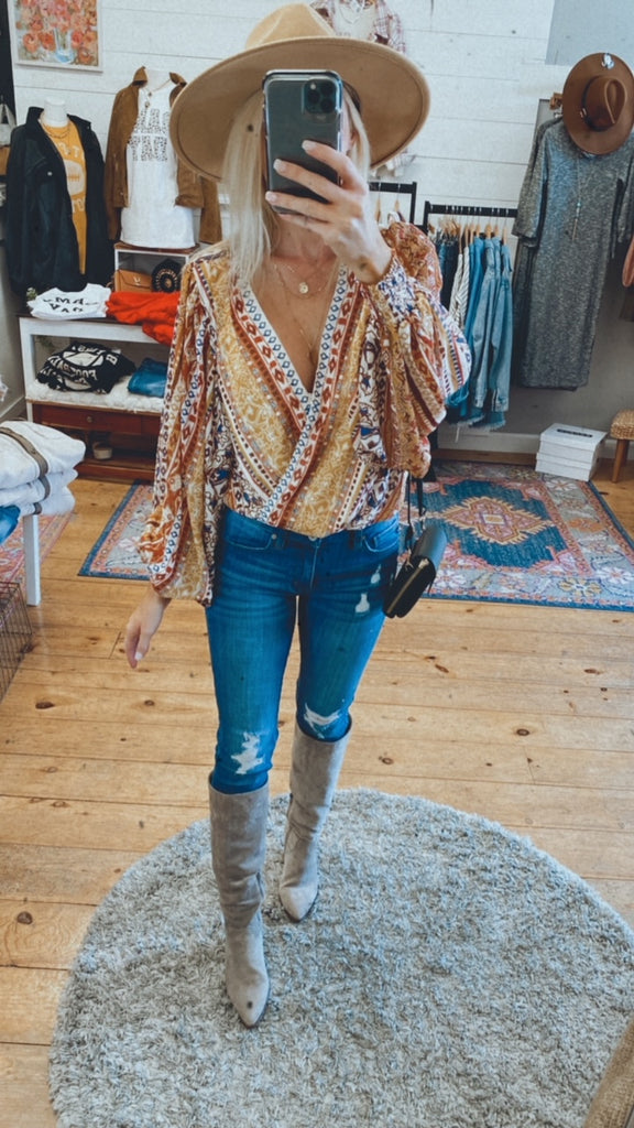 Zoey boho aztec puff sleeve bodysuit