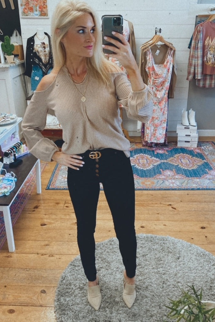 Lo criss cross open shoulder knit sweater (mocha taupe)