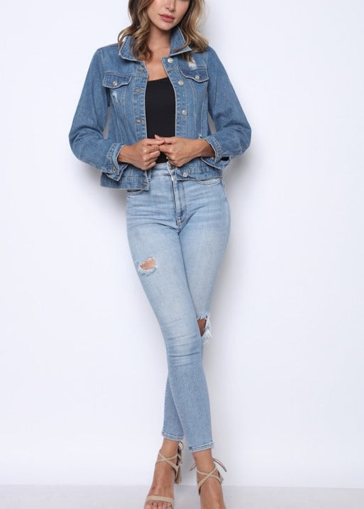 Fall Feels distressed denim jacket (medium wash)