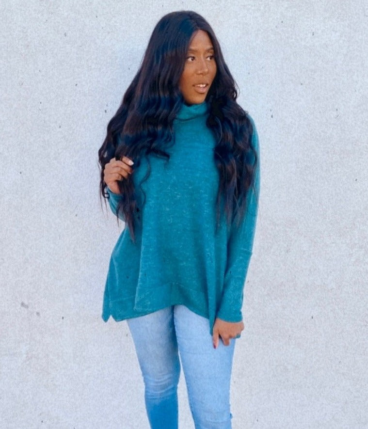 Savannah Brushed Knit Cowl Turtle Neck High Low Top (dusty hunter green)