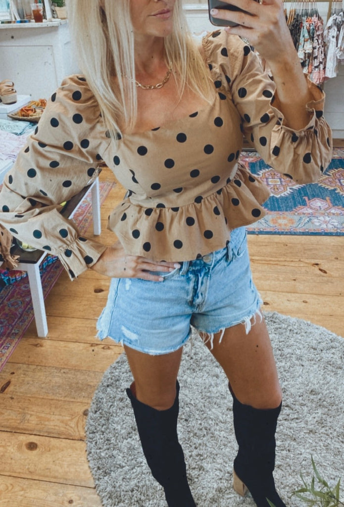 Daph polka dot square peplum tie top (tan/black)