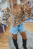 Daph polka dot square peplum tie top (tan/black)