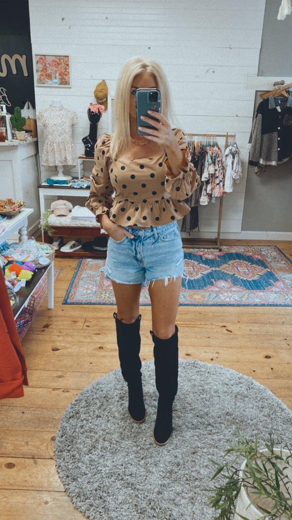 Daph polka dot square peplum tie top (tan/black)