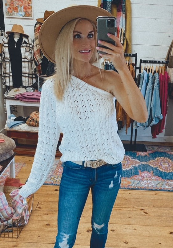 Popsugar super soft LS one shoulder top (white)