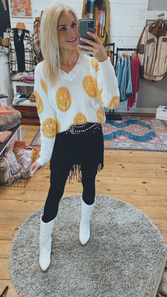 Happy v neck smiley sweater (ivory)