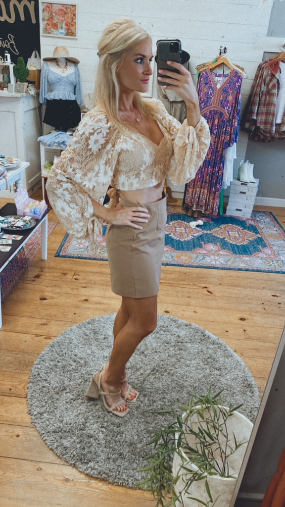 Ophelia Lace Crop open back top (beige)