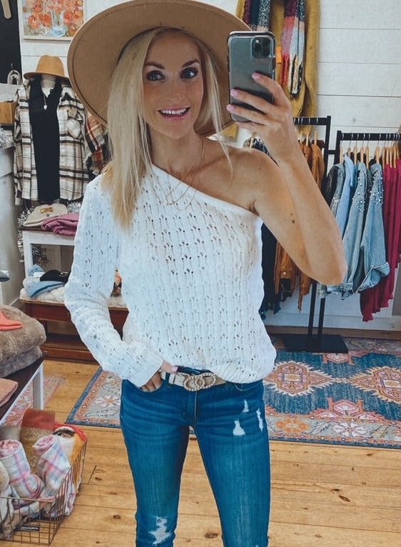 Popsugar super soft LS one shoulder top (white)