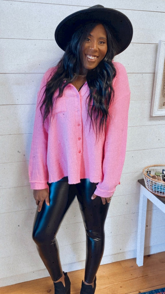 Feelin' Fine linen blend button down (bright pink)