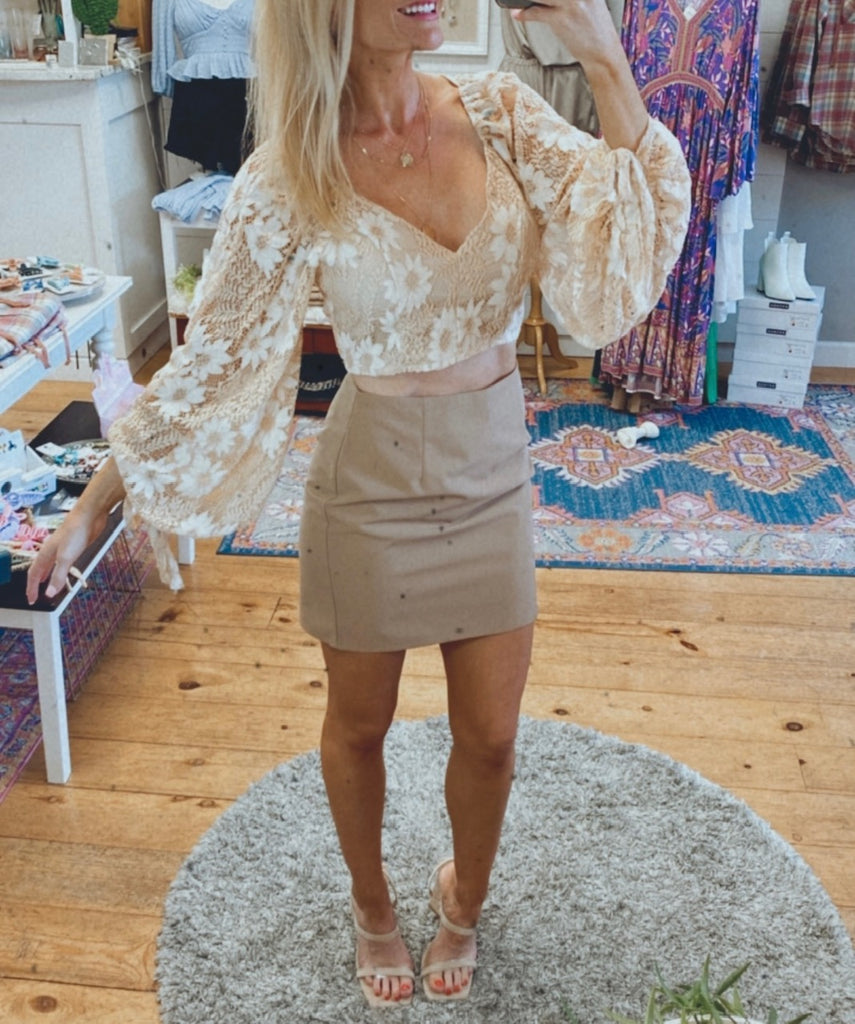 Ophelia Lace Crop open back top (beige)