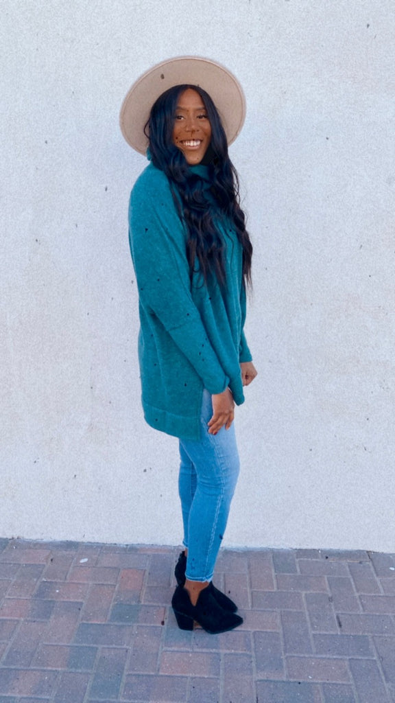 Savannah Brushed Knit Cowl Turtle Neck High Low Top (dusty hunter green)