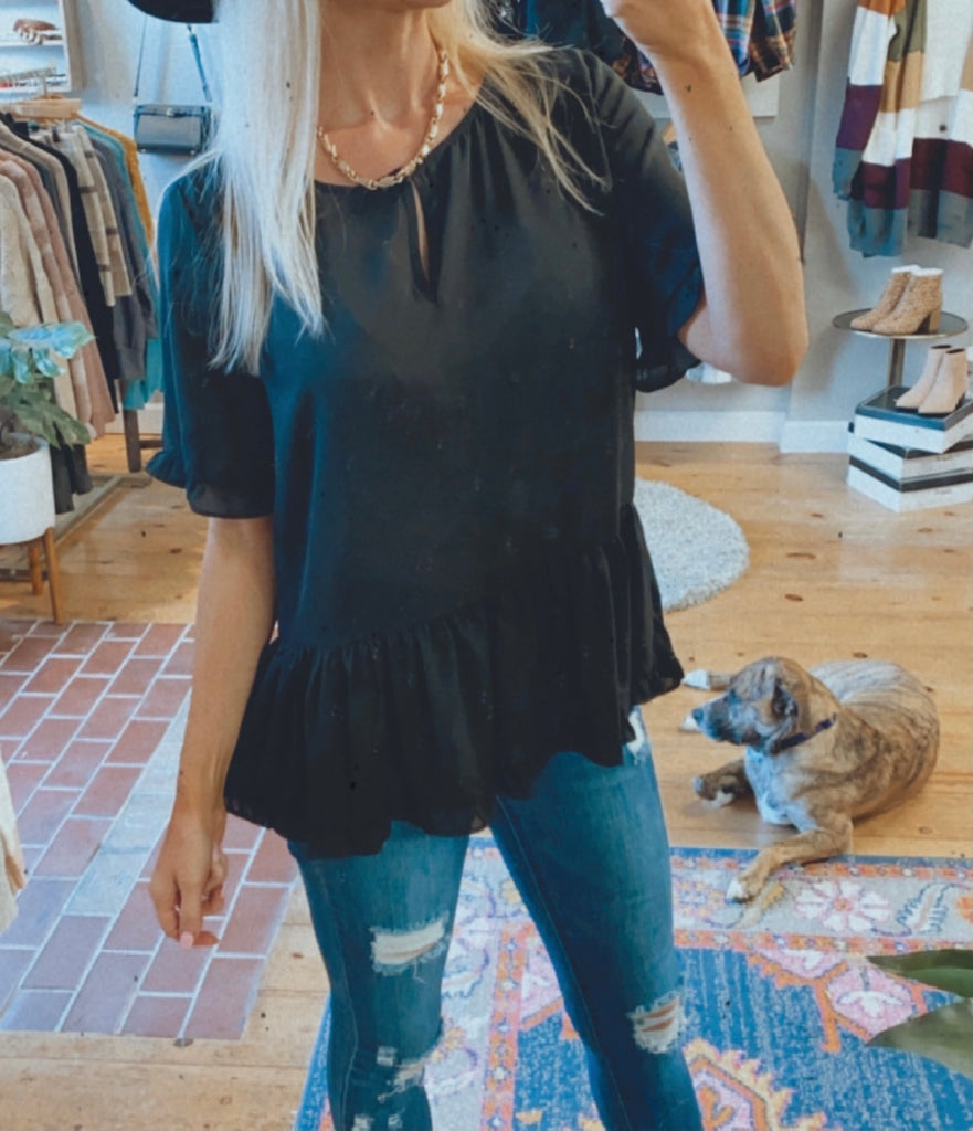 Madison wool dobby ruffle blouse (black)