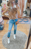 Arwen short sleeve floral ruffle blouse (camel)