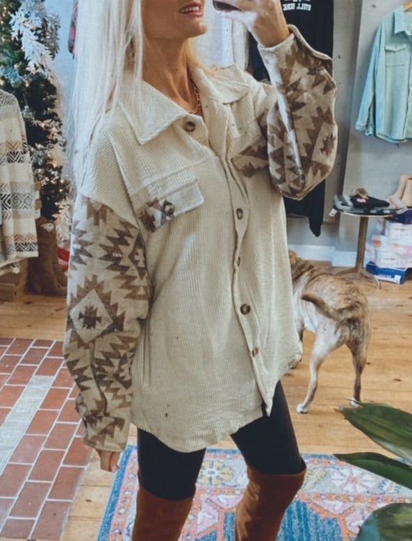 Yuma Corduroy Aztec Shacket (beige cream)