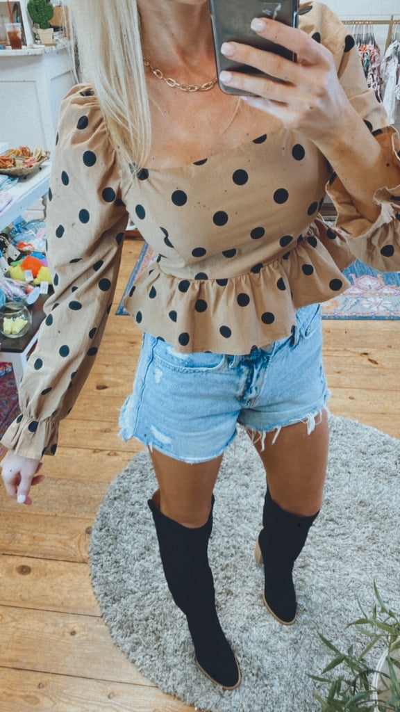 Daph polka dot square peplum tie top (tan/black)