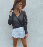 Full Moon drape sleeve silky blouse (charcoal) - Mint Boutique