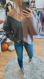 Phoebe colorblock ultra soft sweater twist back (mocha/olive)