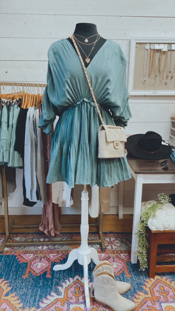 Ocean City shirred pleated dress (dusty sage)