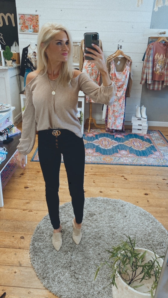 Lo criss cross open shoulder knit sweater (mocha taupe)