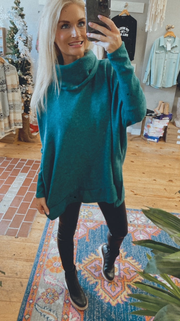 Savannah Brushed Knit Cowl Turtle Neck High Low Top (dusty hunter green)