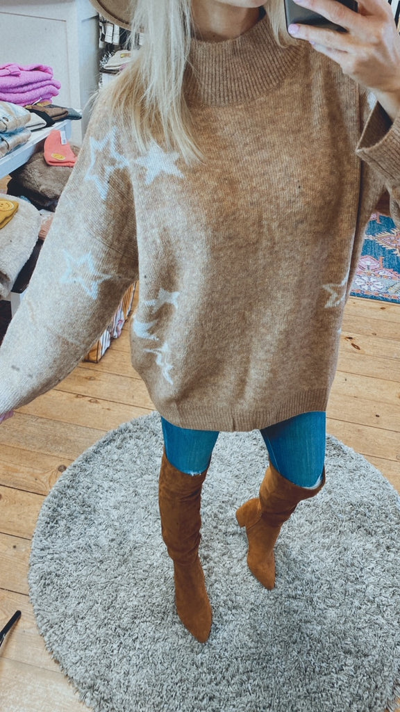 Millenial mock neck star ultra soft star print sweater (camel)