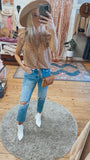 Arwen short sleeve floral ruffle blouse (camel)