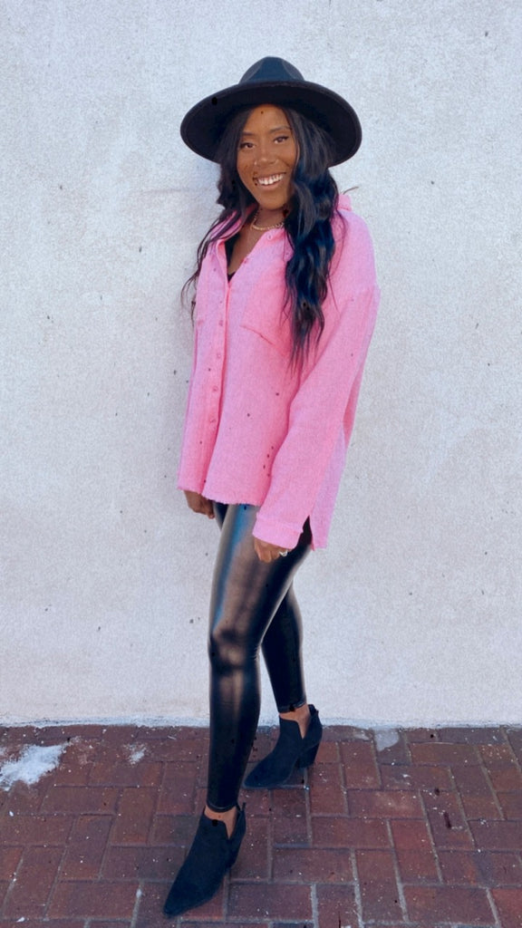 Feelin' Fine linen blend button down (bright pink)