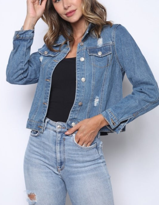 Fall Feels distressed denim jacket (medium wash)